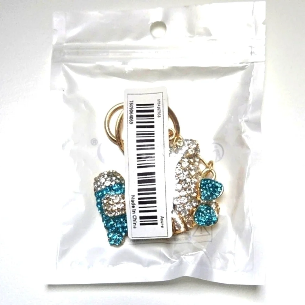 Hello Kitty Rhinestone Keychain Azure Blue and Gold Tone